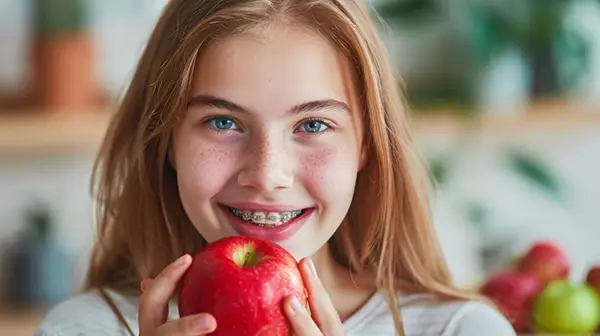 Teenager with braces eating a whole apple, demonstrating a food to avoid eating while wearing braces. Teenager with braces eating a whole apple, demonstrating a food to avoid eating while wearing braces.